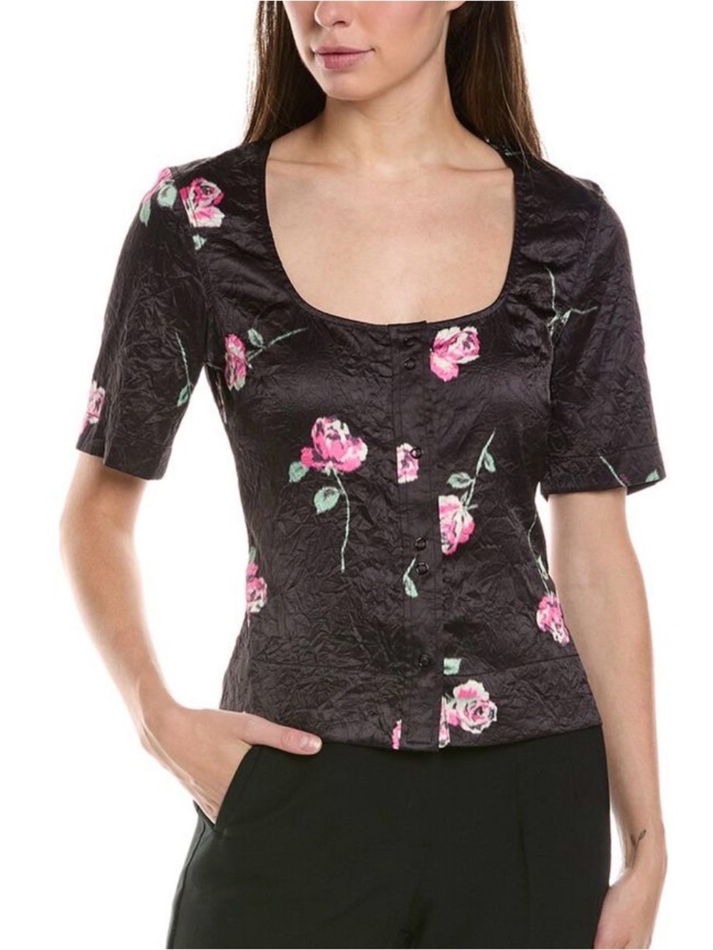 GANNI Rose Print Crinkled Satin Short Sleeve Blouse Top Black Pink EU 34 US XS